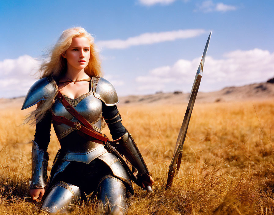 Blonde warrior woman in silver armor with sword in golden field
