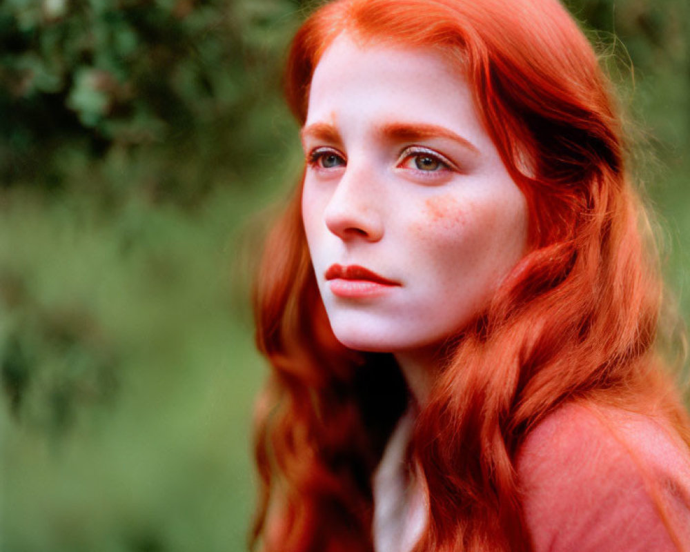 Red-haired woman with fair skin against green foliage