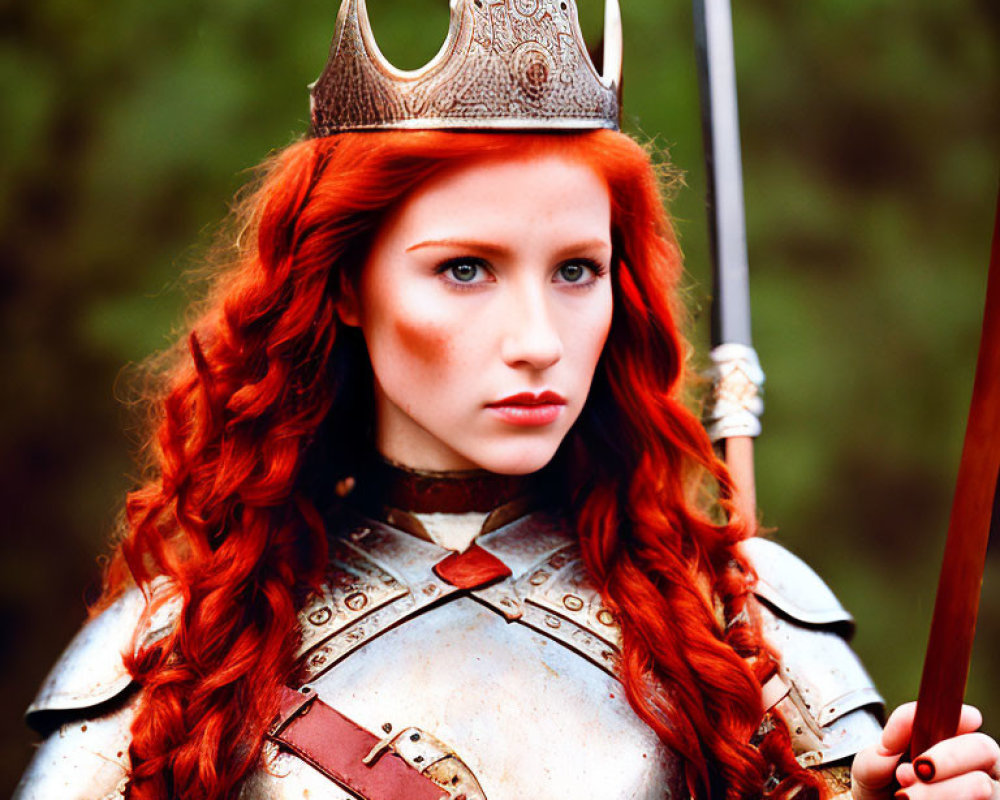 Red-haired woman in medieval armor with crown holding a sword