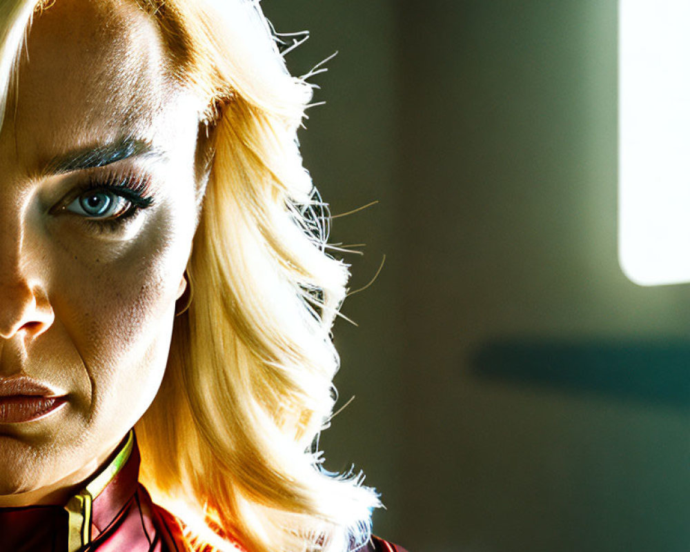Blonde Woman in Superhero Attire with Wavy Hair under Dramatic Sunlight