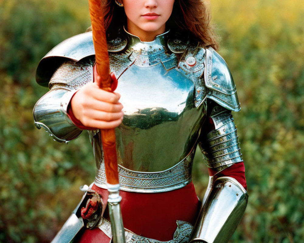 Medieval woman in armor with spear in a field