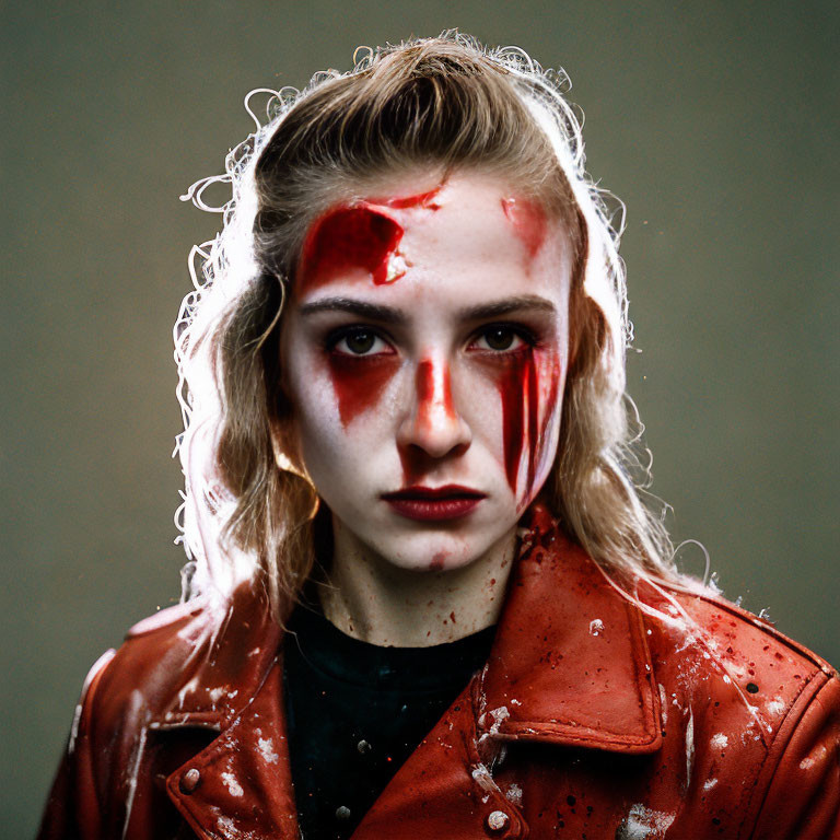 Person with dramatic red makeup and disheveled hair in red leather jacket stares hauntingly