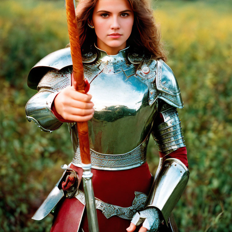 Medieval woman in armor with spear in a field
