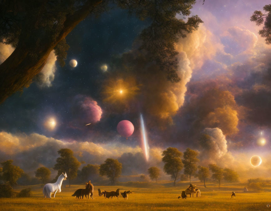Fantastical twilight landscape with ethereal sky and grazing animals