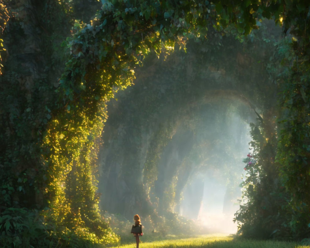 Child in Sunlit Forest Archway: Mystical Ivy-Covered Scene