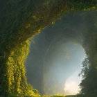 Child in Sunlit Forest Archway: Mystical Ivy-Covered Scene