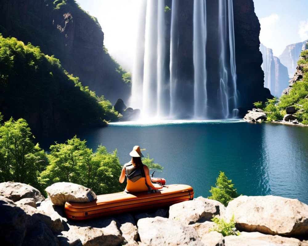Person in yellow hat on orange raft near majestic waterfall and lush cliffs