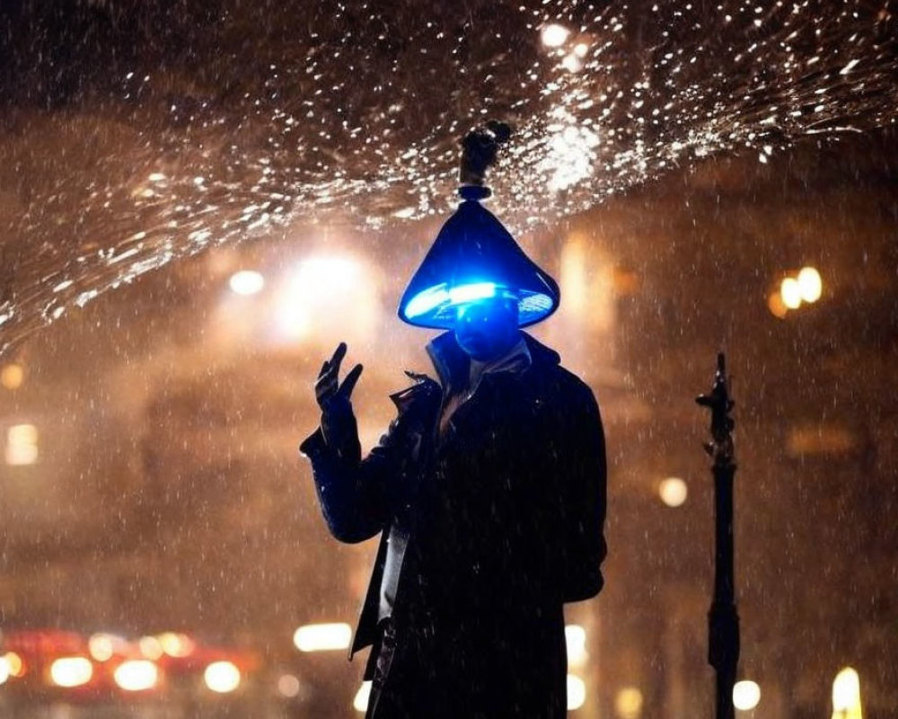 Nighttime person with blue lampshade light, peace sign, and water splashes.