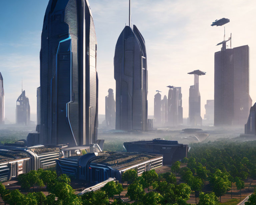 Futuristic cityscape with skyscrapers, flying vehicles, and greenery