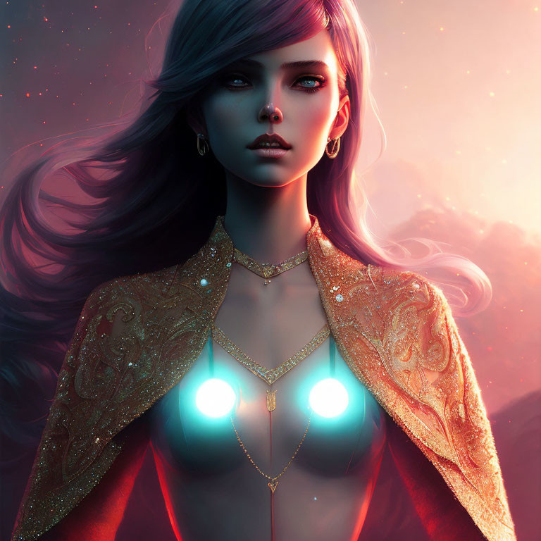 Digital artwork: Woman with blue eyes, flowing hair, golden cape, jeweled necklace under twilight sky