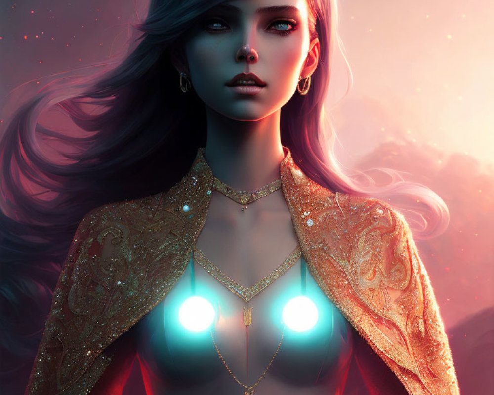 Digital artwork: Woman with blue eyes, flowing hair, golden cape, jeweled necklace under twilight sky