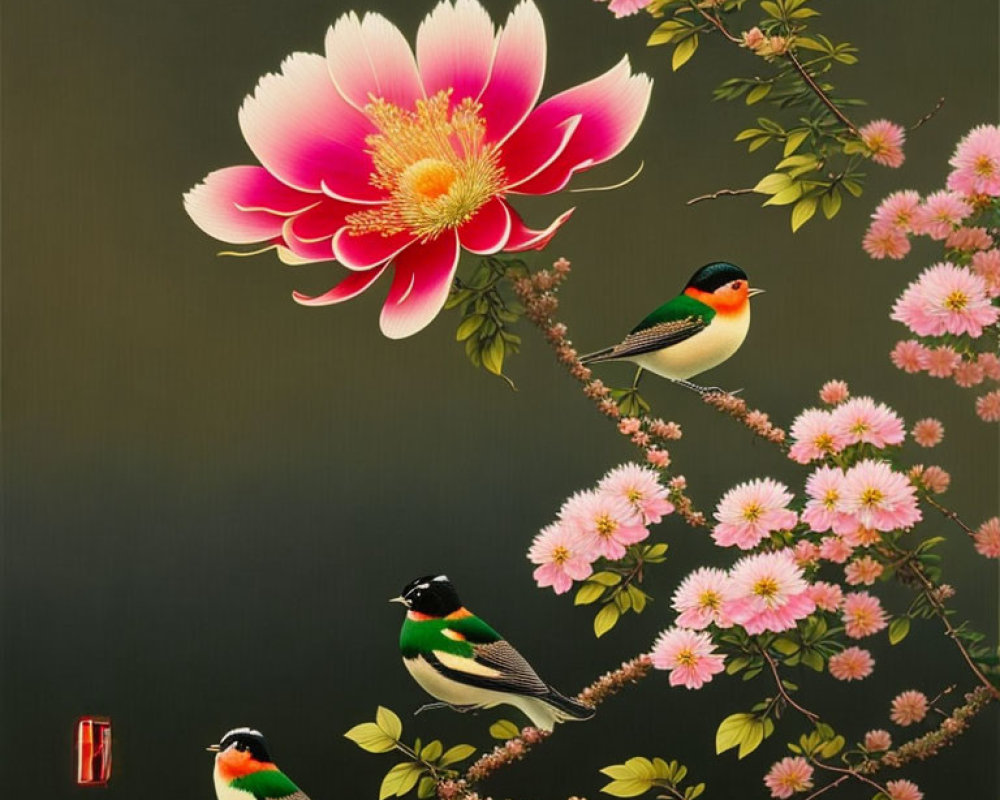 Colorful painting featuring pink flower and birds on branches.