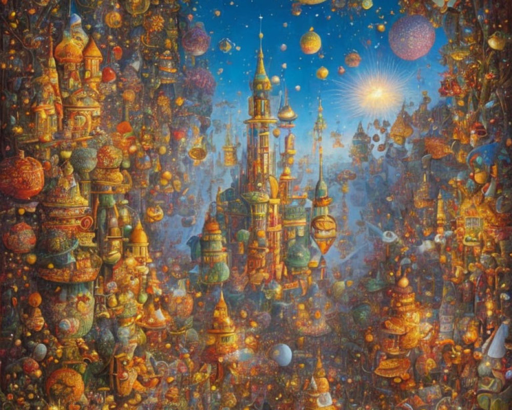 Fantastical celestial cities painting with intricate towers and starry sky