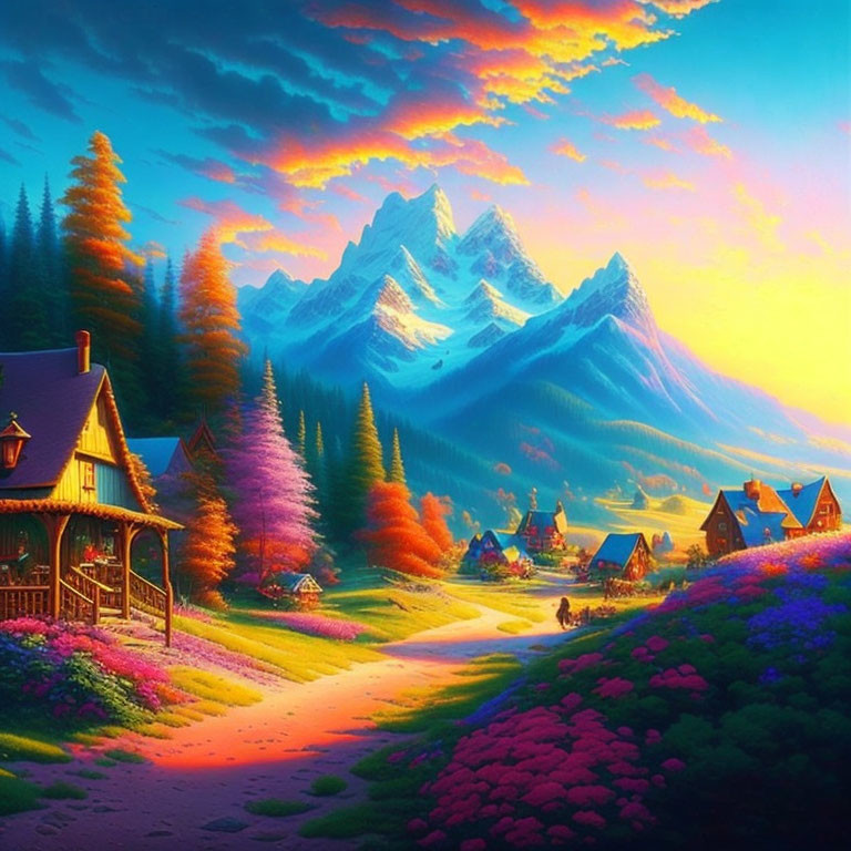 Scenic landscape with mountain backdrop, colorful trees, winding path, and quaint cottages