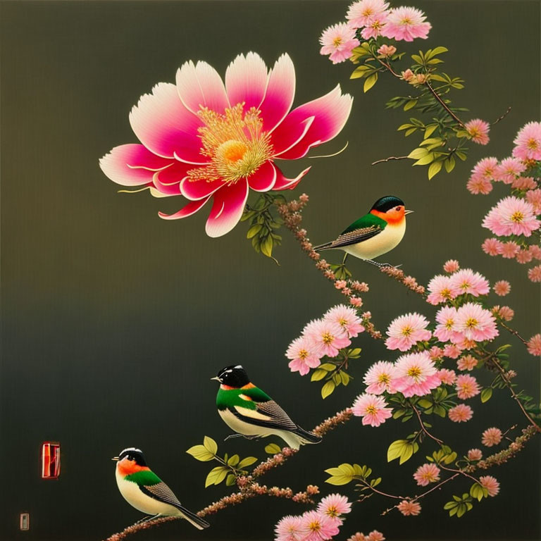 Colorful painting featuring pink flower and birds on branches.