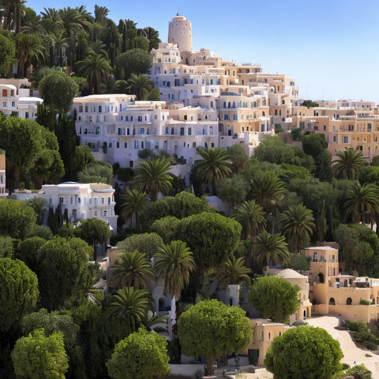 Scenic Mediterranean village with white and pastel buildings surrounded by lush green trees