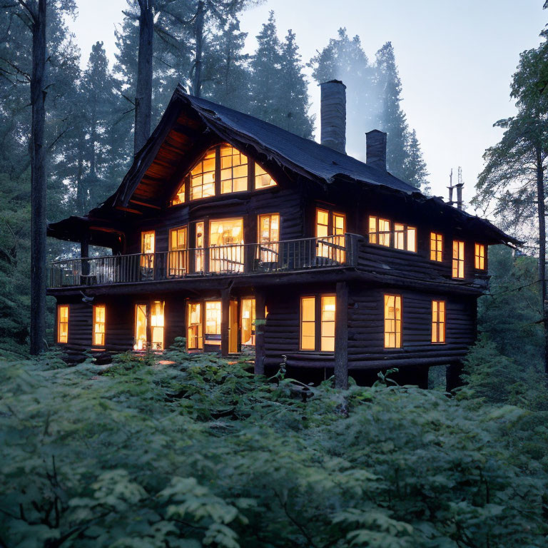 Two-Story Log Cabin with Wraparound Balcony in Forest Twilight
