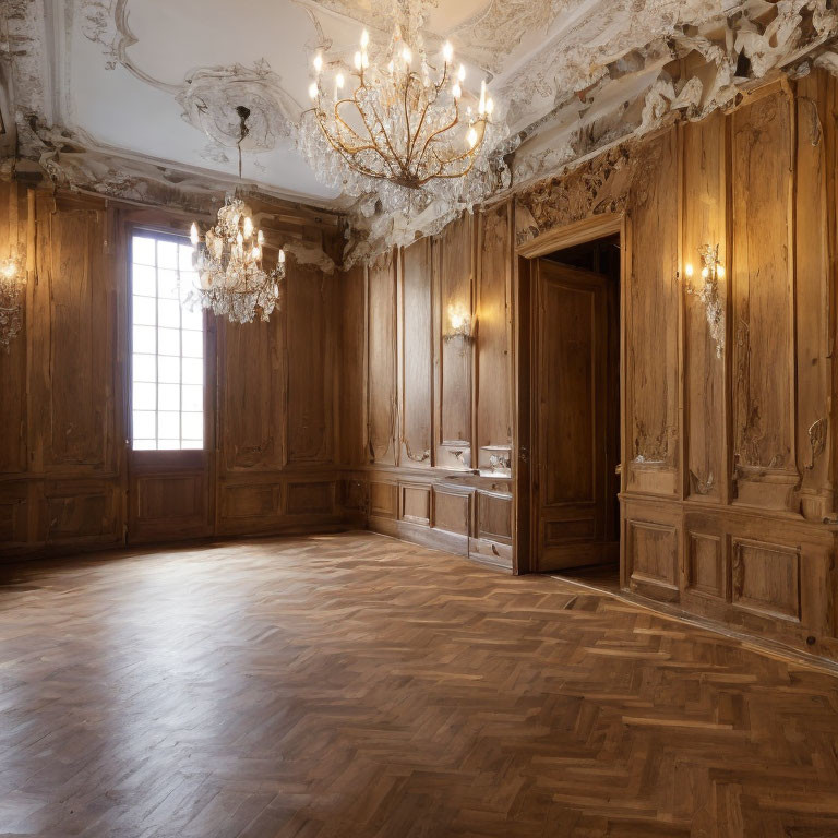 Luxurious Room with Ornate Plaster Ceiling, Wood Paneling, Parquet Floor, Crystal Ch