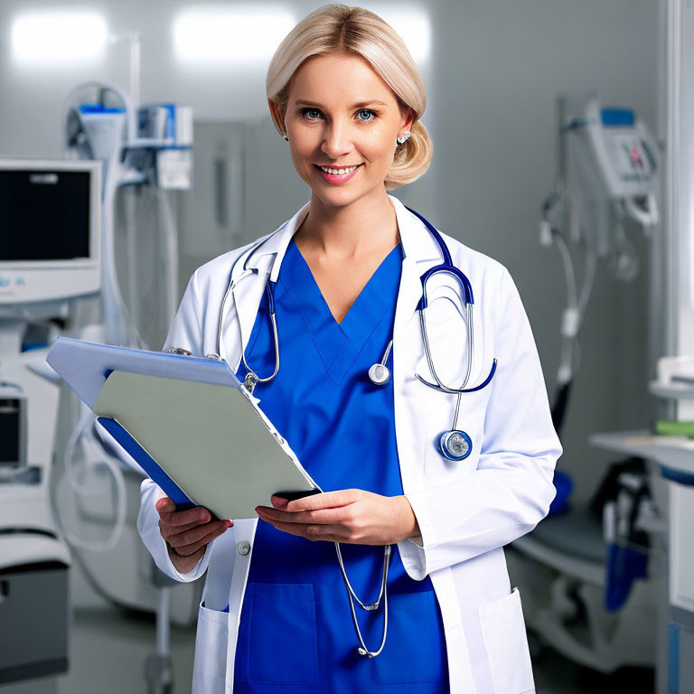 Smiling healthcare professional in white coat and blue scrubs with stethoscope and clipboard
