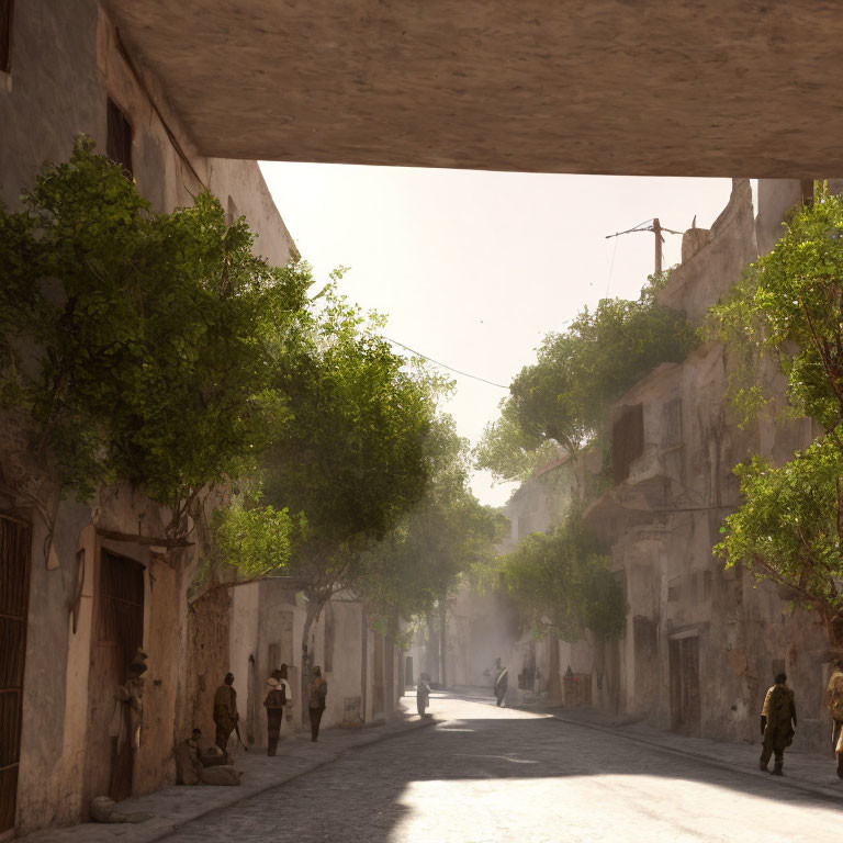 Sunlit street scene with buildings, trees, people walking, and military personnel.