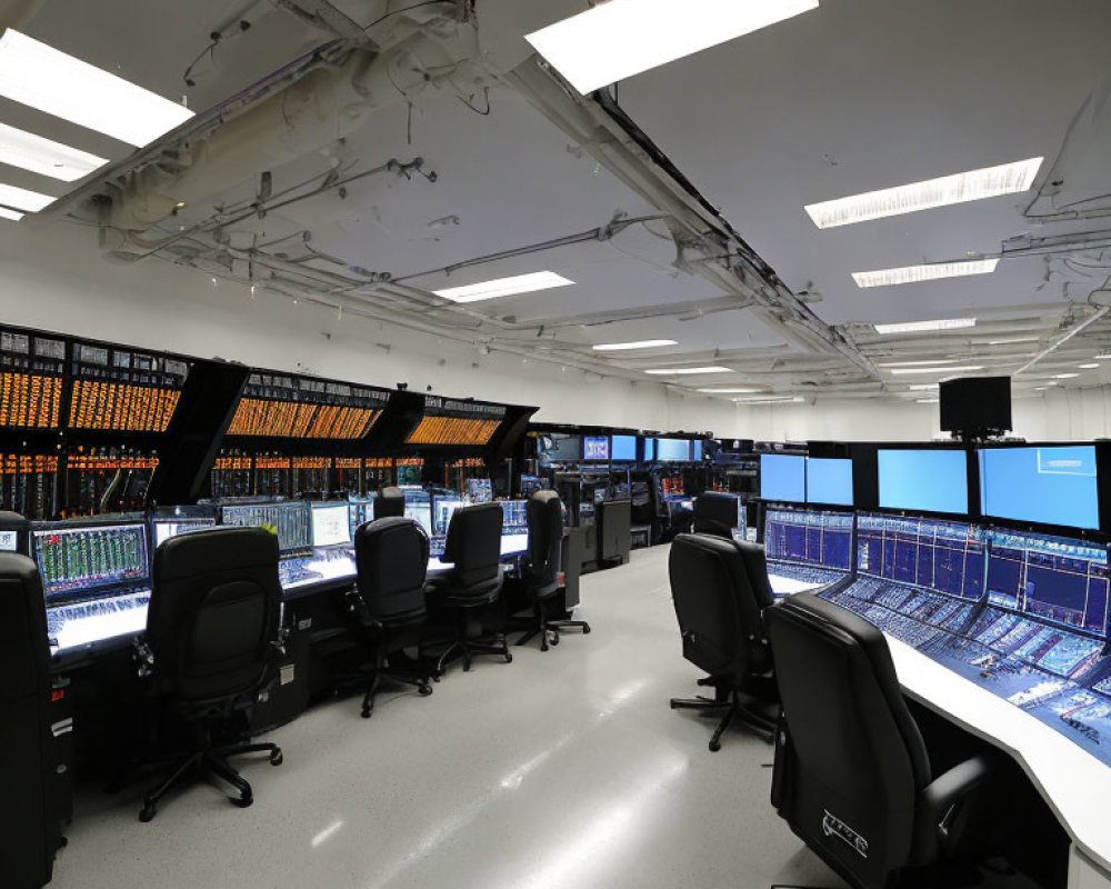 Control room with computer workstations & data screens under bright lights