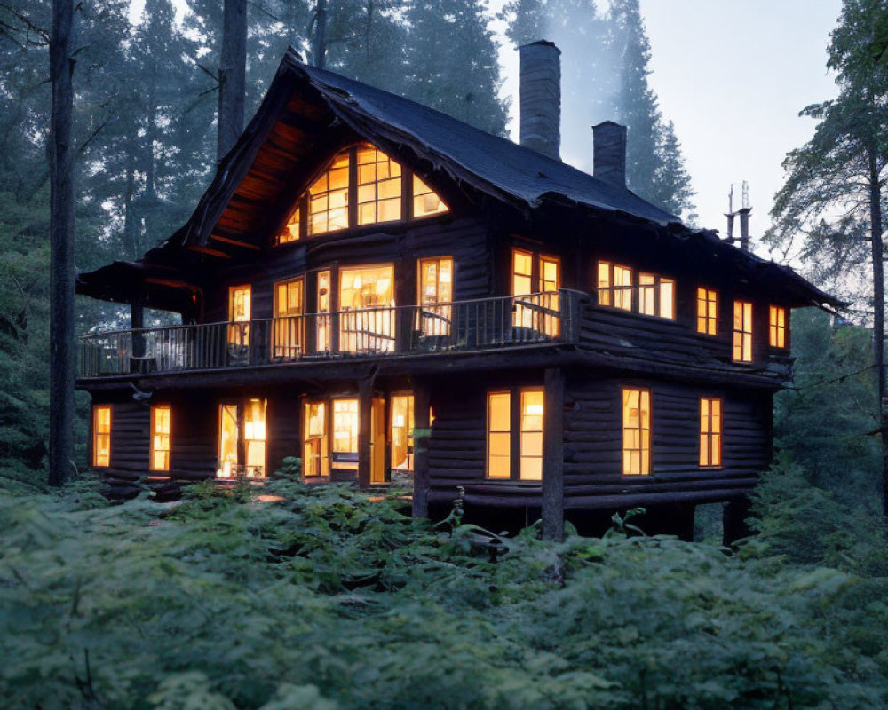 Two-Story Log Cabin with Wraparound Balcony in Forest Twilight