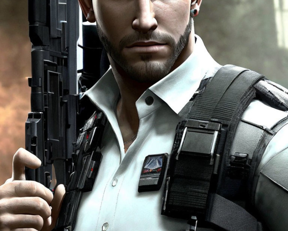 Man with Blue Eyes and Beard Holding Gun in Tactical Gear with Badge