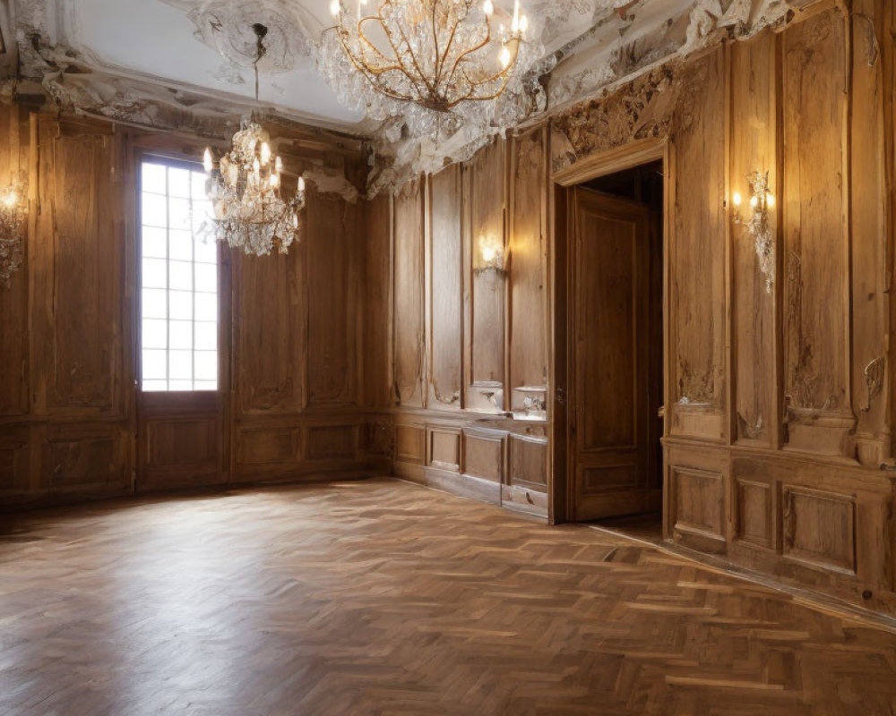 Luxurious Room with Ornate Plaster Ceiling, Wood Paneling, Parquet Floor, Crystal Ch