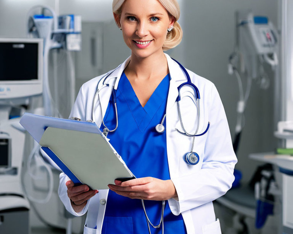 Smiling healthcare professional in white coat and blue scrubs with stethoscope and clipboard