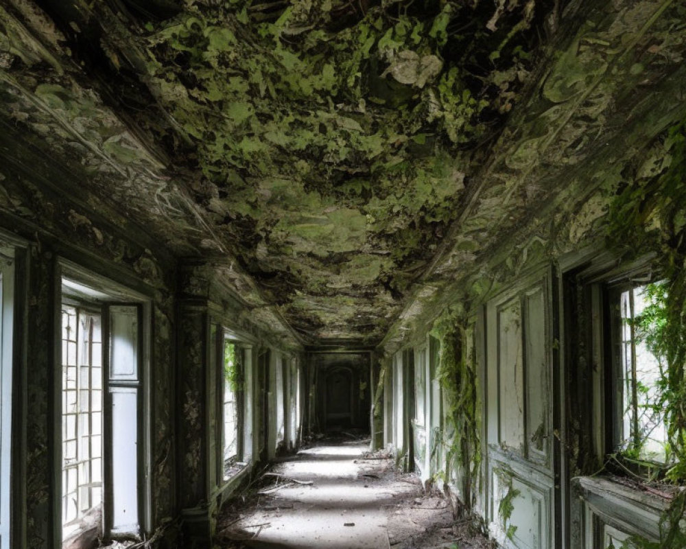 Decaying overgrown corridor with green walls and broken windows