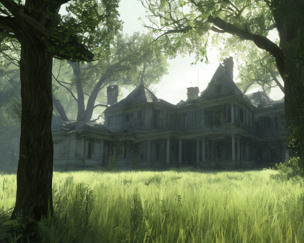 Sunlit forest scene with neglected mansion and overgrown greenery