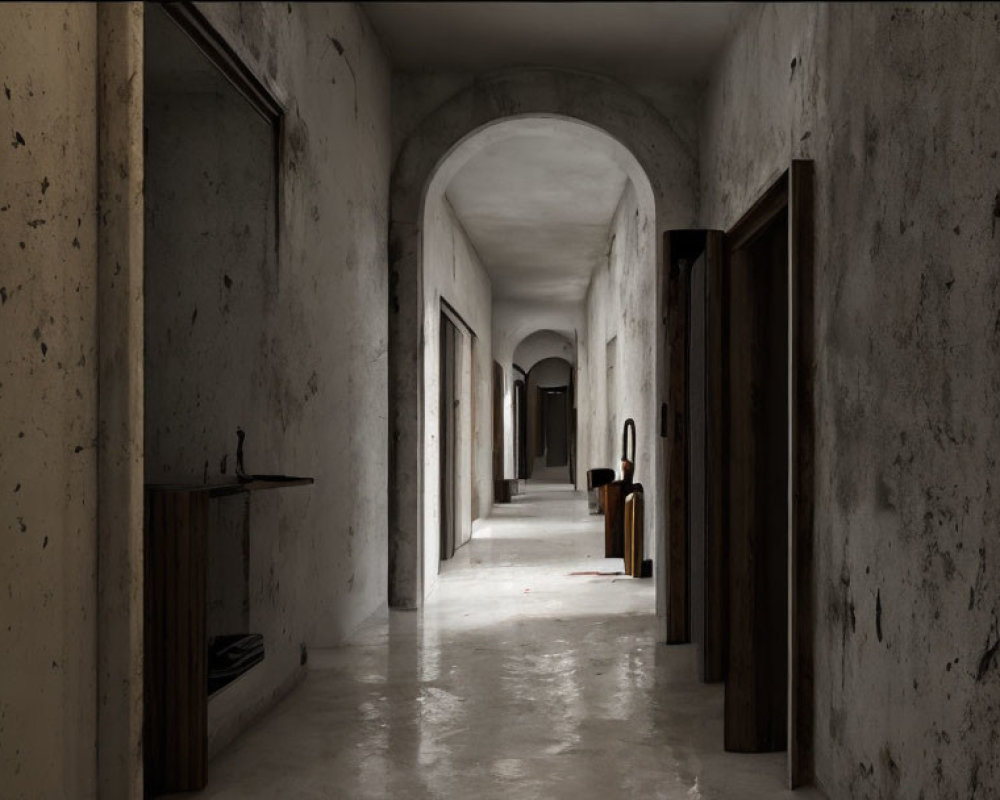 Eerie dimly lit corridor with arched ceilings and dark rooms