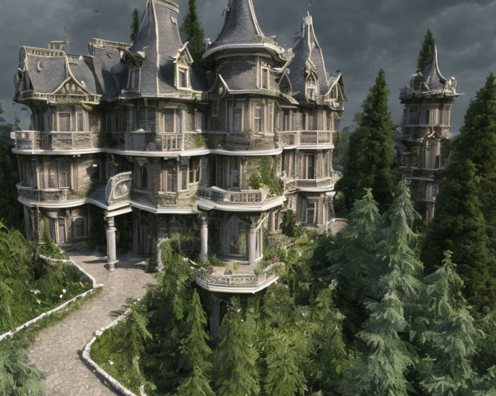 Spooky Victorian mansion in dense forest under overcast skies