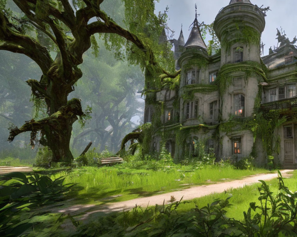 Moss-covered castle in lush forest with towering spires