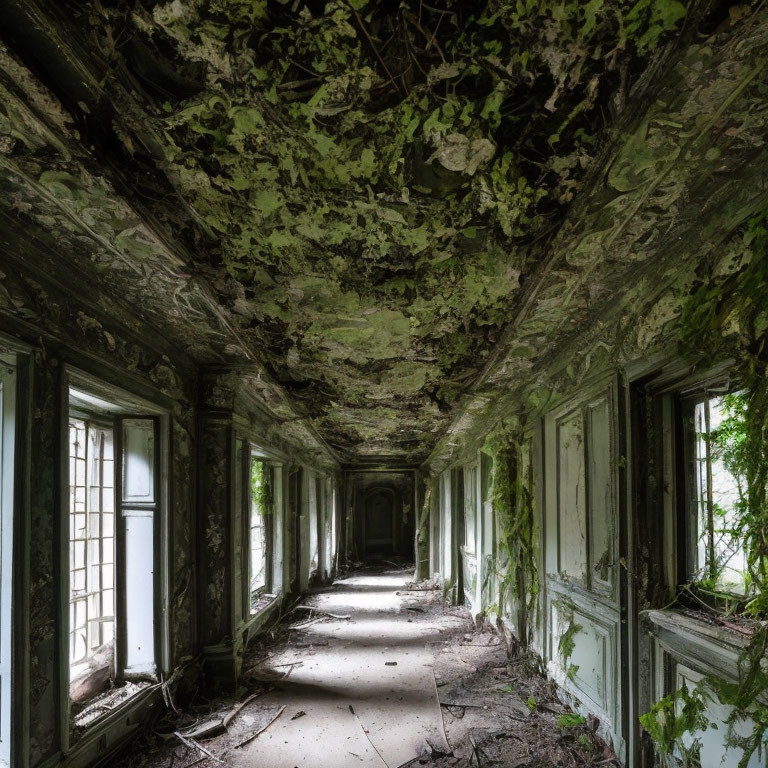 Decaying overgrown corridor with green walls and broken windows