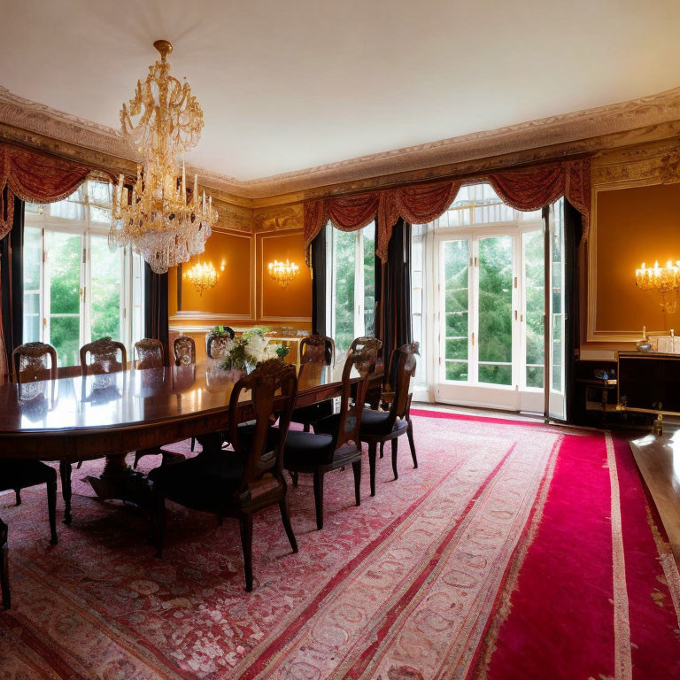 Luxurious dining room with long table, ornate chandelier, red carpet, and large windows.
