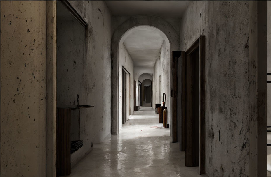 Eerie dimly lit corridor with arched ceilings and dark rooms