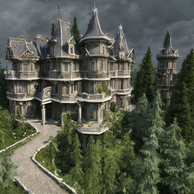 Spooky Victorian mansion in dense forest under overcast skies