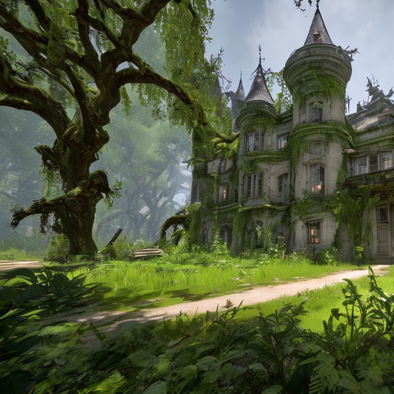 Moss-covered castle in lush forest with towering spires