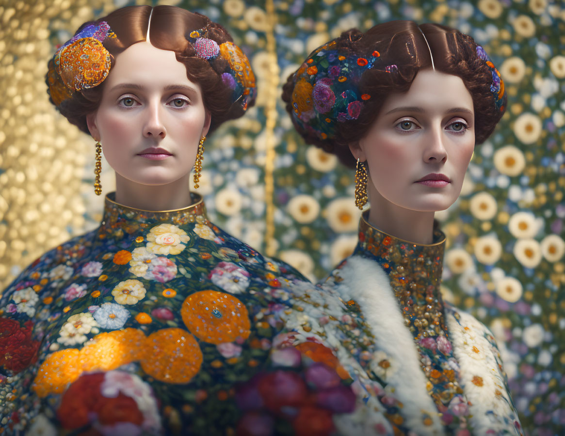 Two Women with Elaborate Hairstyles and Floral Outfits Against Flower Background