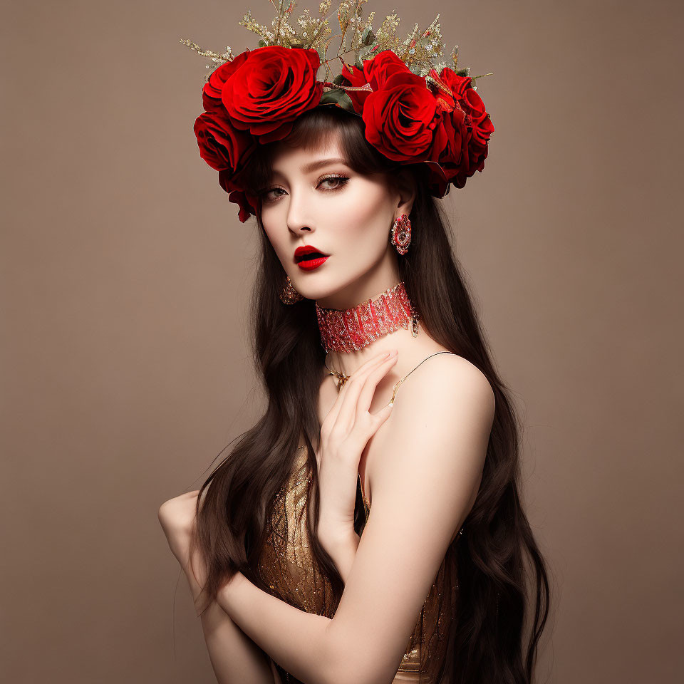 Woman in Red Floral Crown and Gold Attire Poses Against Brown Backdrop