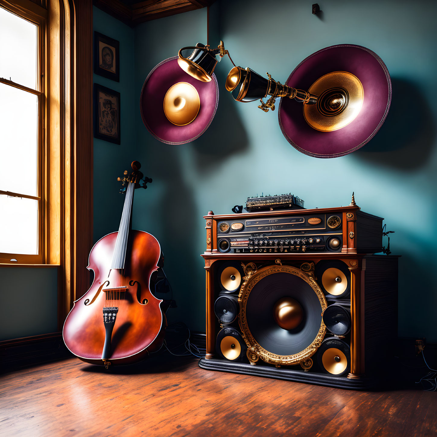 Vintage Music Room with Cello, Gramophone Speakers, and Antique Radio-Cabinet