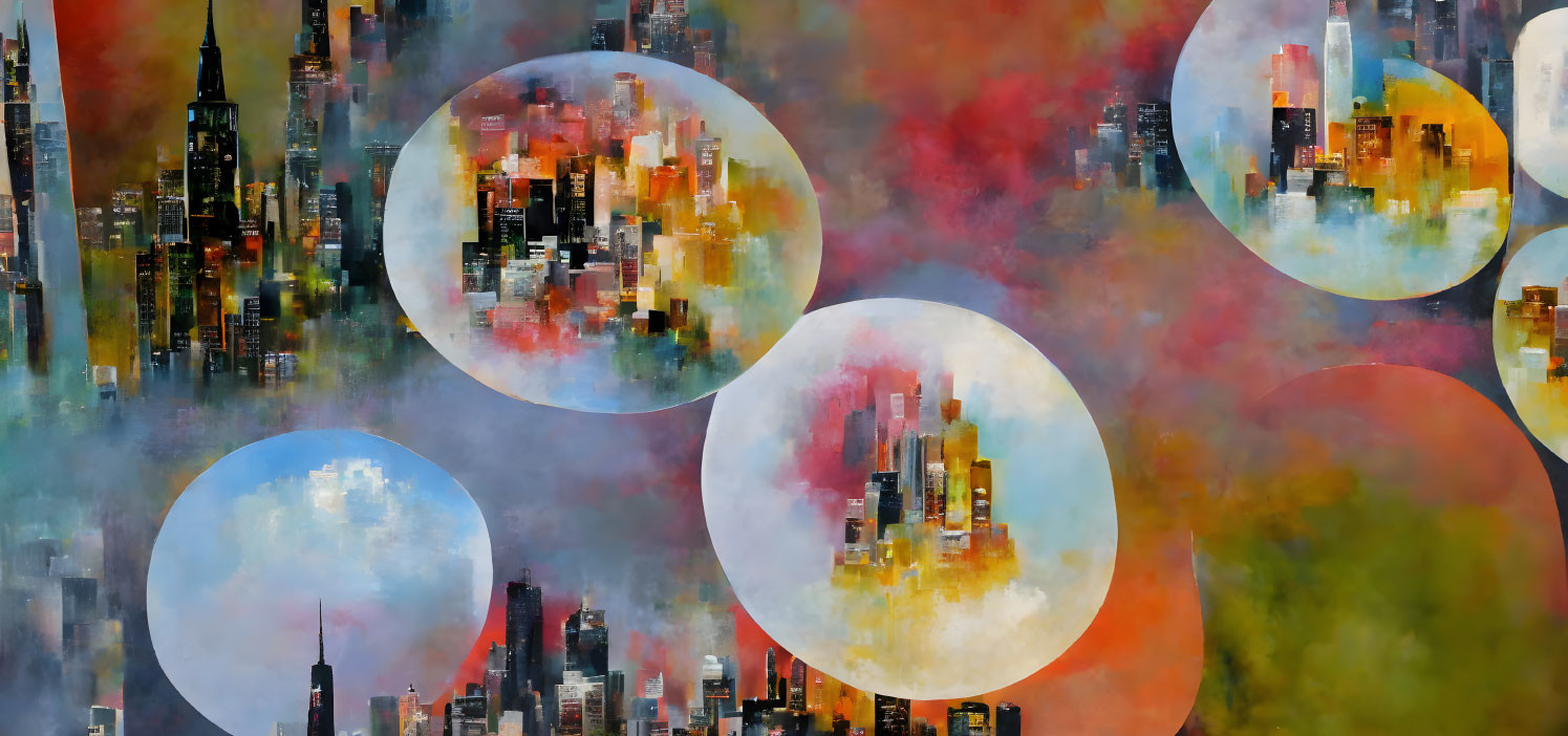 Vibrant abstract cityscape with skyscrapers in translucent circles
