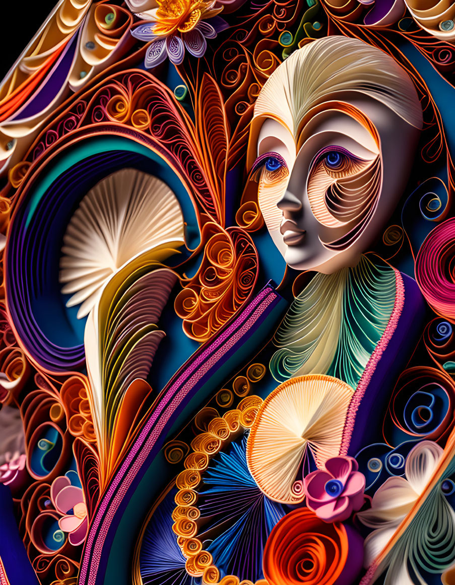 Vibrant 3D illustration of stylized female face with intricate paper art details