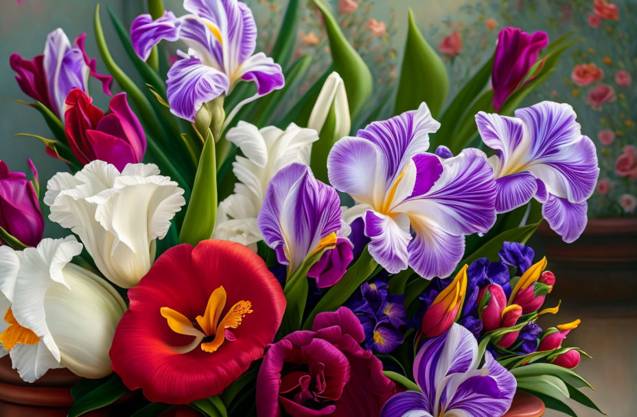 Colorful Bouquet of Iris and Tulips on Floral Background