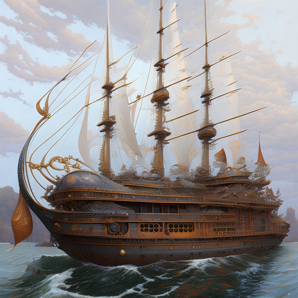Fantasy-style ornate sailing ship with golden decorations sailing at sea