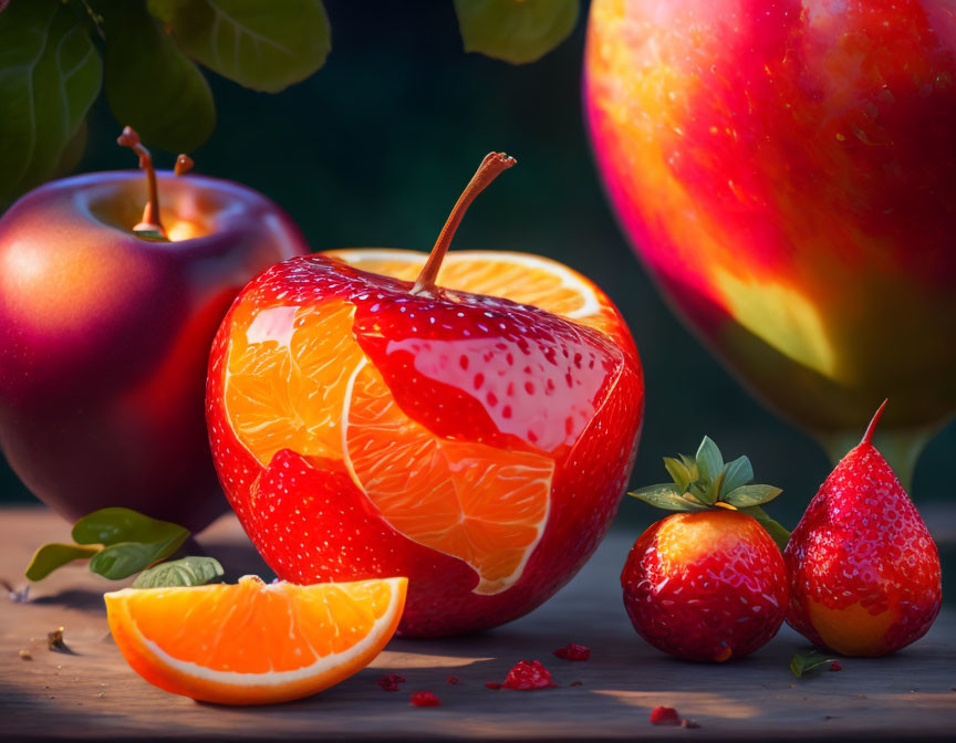 Composite Fruit Image Featuring Apple, Orange Slices, Strawberries, and Leaf on Wood