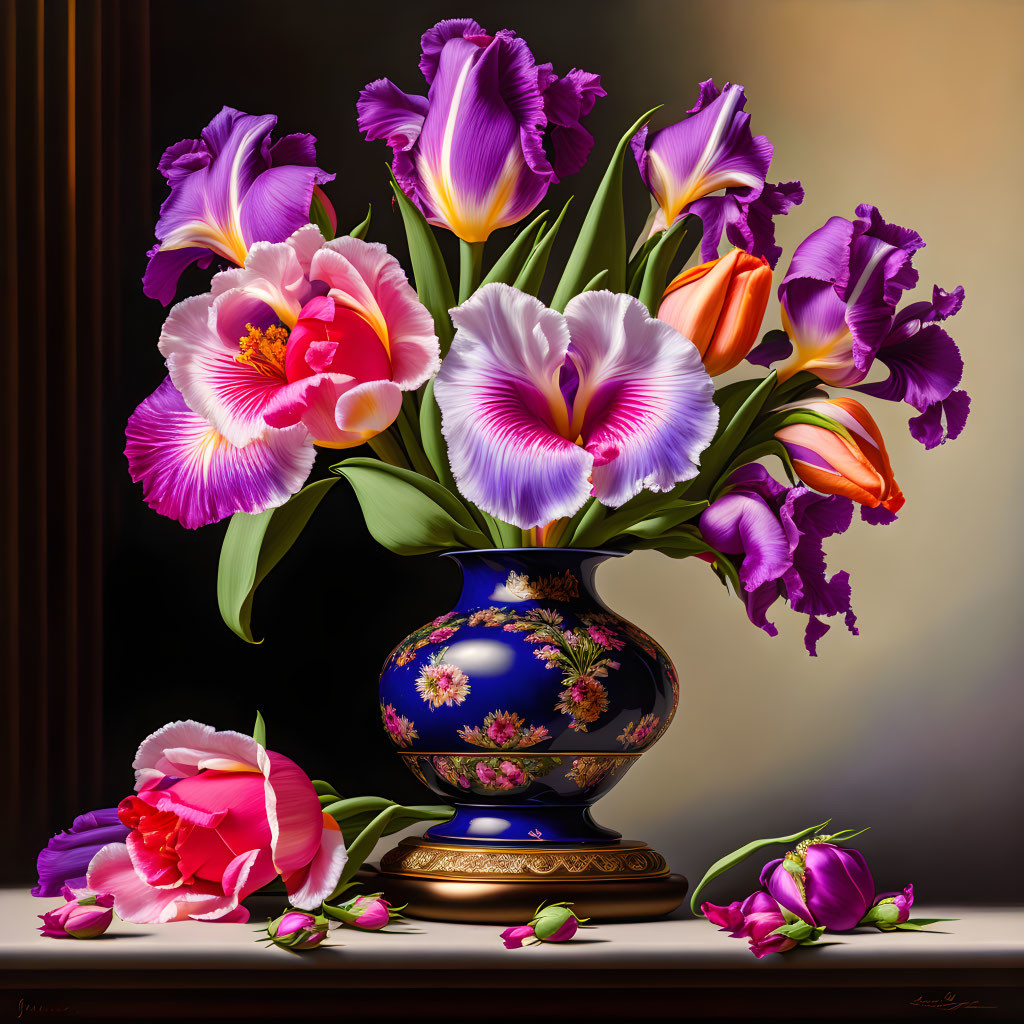 Colorful Still Life Painting of Tulips and Irises in Vase
