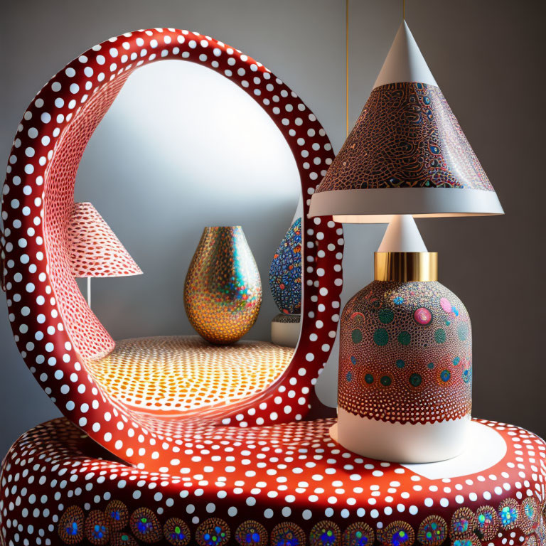 Colorful still life with red circular mirror, vase, lampshade, and table in dimly lit