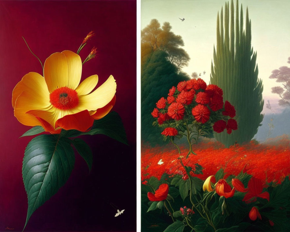 Vibrant Floral Diptych: Yellow Flower & Red Field with Cacti